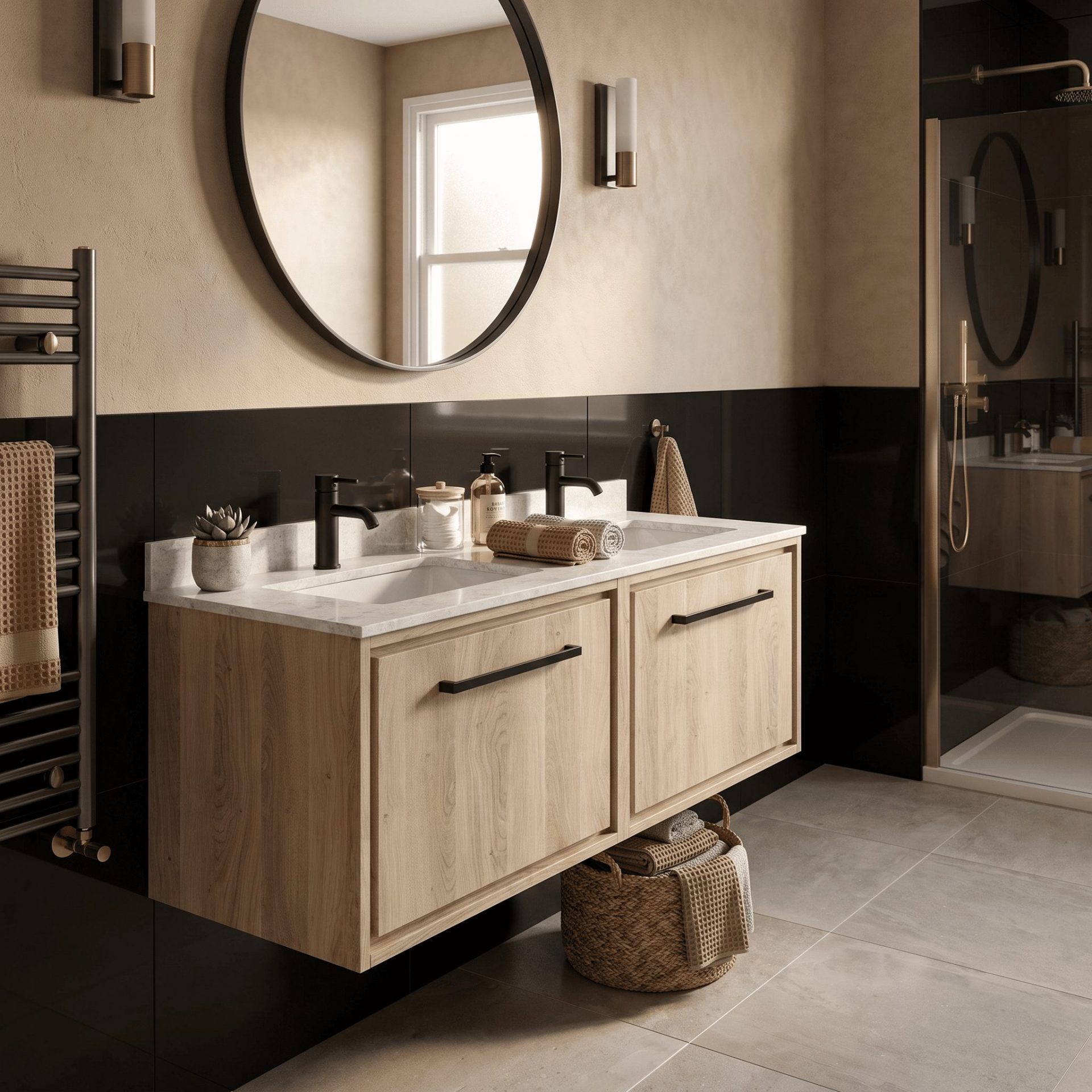 Hudson Reed Lille 1200mm 2 Drawer Wall Hung Vanity Unit & Double Basin – Bleached Oak