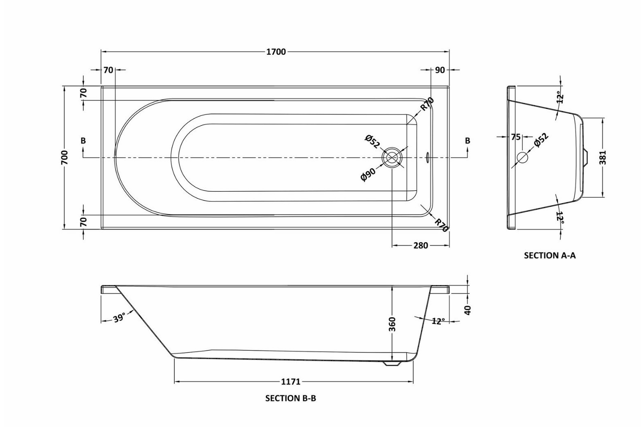 1700 x 700mm Round Single Ended Bath, Pan & Cistern, Basin & Pedestal