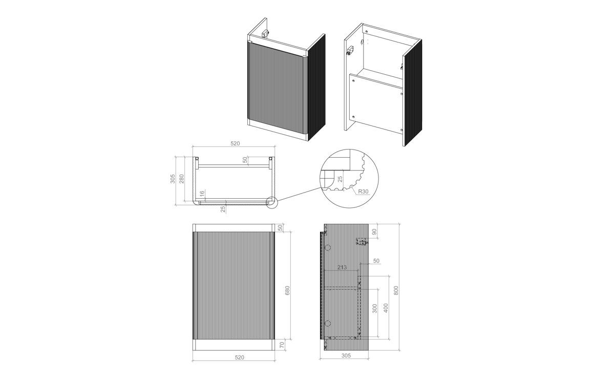 MyBathrooms Clara Fluted 550mm Floorstanding Slim Depth 1 Door Unit & 1TH Basin – Textured Oak