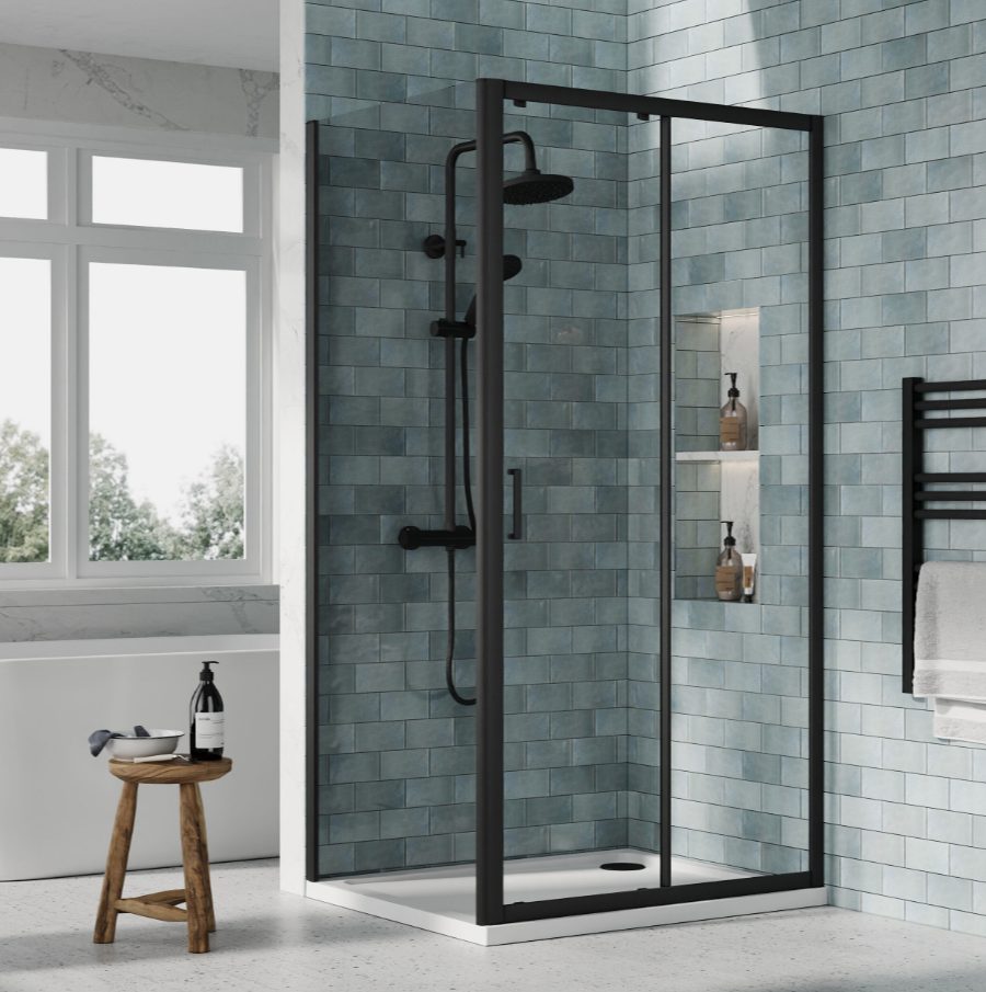 1000 x 800mm Matt Black Single Sliding Door Shower Enclosure With White Tray