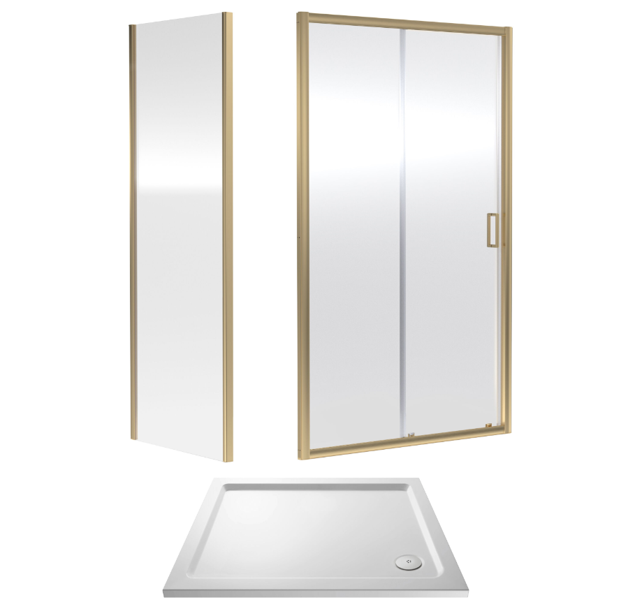 1000 x 760mm Brushed Brass Single Sliding Shower Enclosure With White Tray
