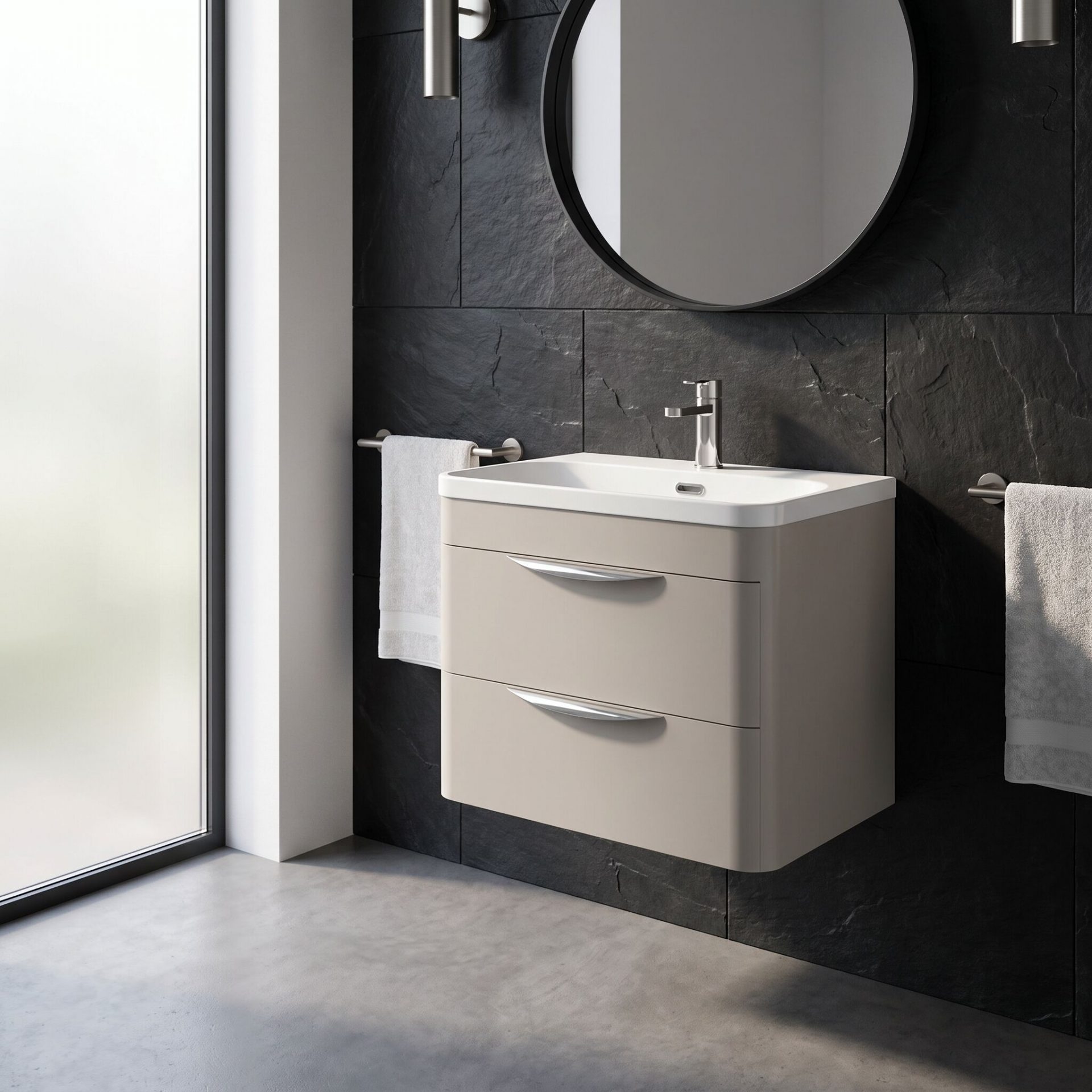 Nuie Parade 600mm 2 Drawer Wall Hung Vanity Unit & Thin-Edge Ceramic Basin – Pebble Grey