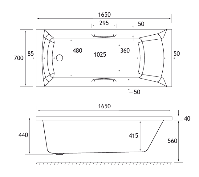 Eastbrook Ultra Strong Beauforte Rockall Single Ended Twin Grip Bath 1650x700mm