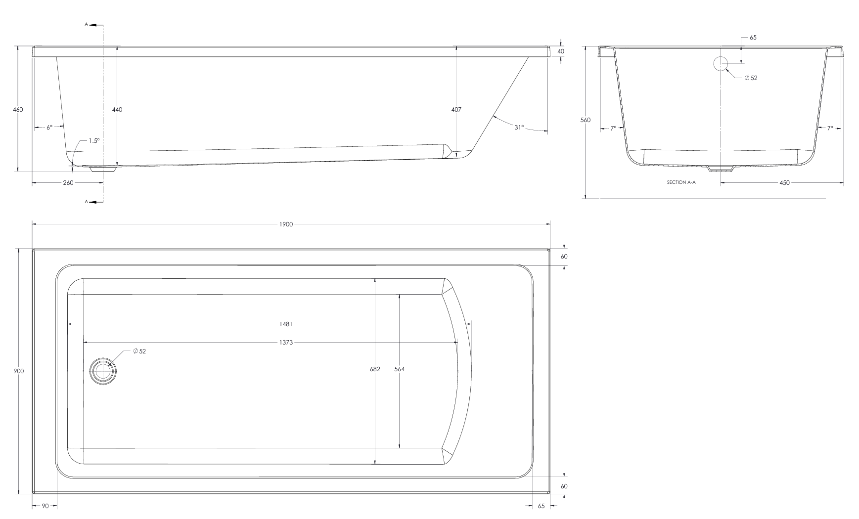 Eastbrook Beaufort 5mm Portland Single Ended Bath 1900x900mm