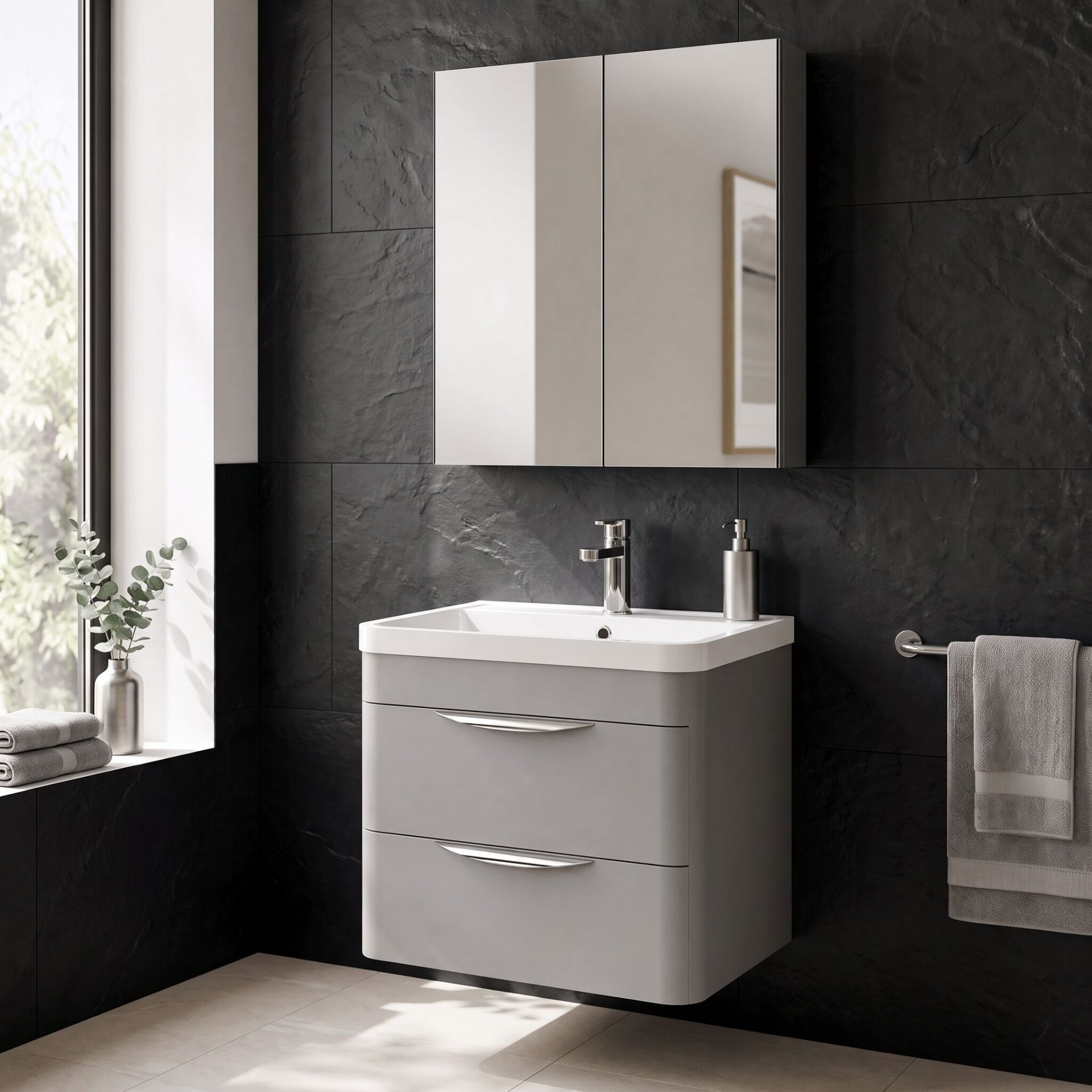 Nuie Parade 600mm 2 Drawer Wall Hung Vanity Unit & Polymarble Basin – Satin Grey