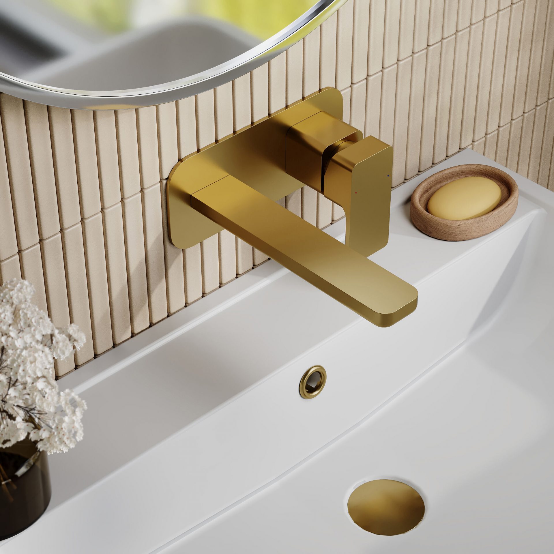 Nuie Windon Wall Mounted 2 Tap Hole Basin Mixer With Plate – Brushed Brass