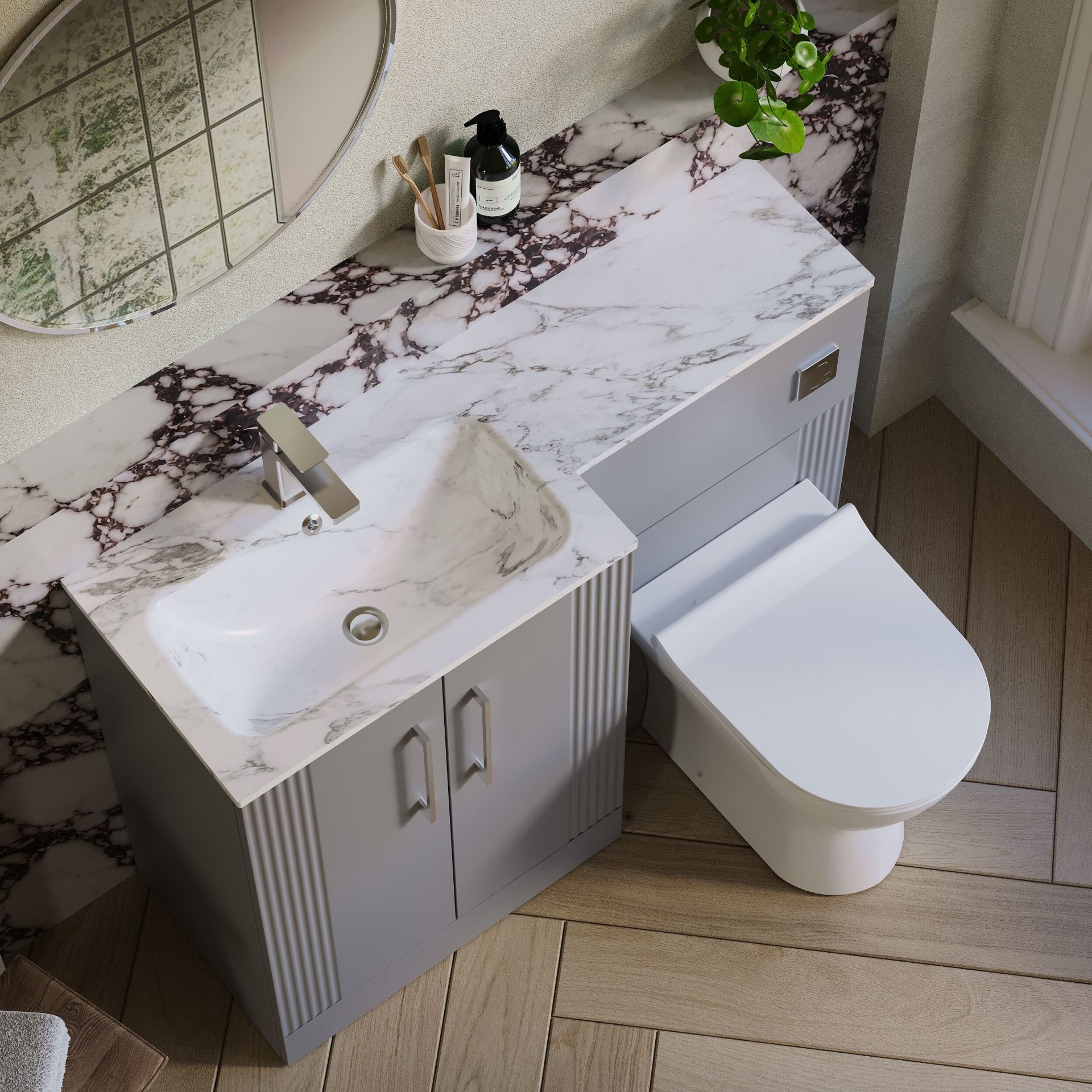 Nuie Deco 1100mm 2 Door Floor Standing Combination Unit with Carrara Marble Basin – Satin Grey