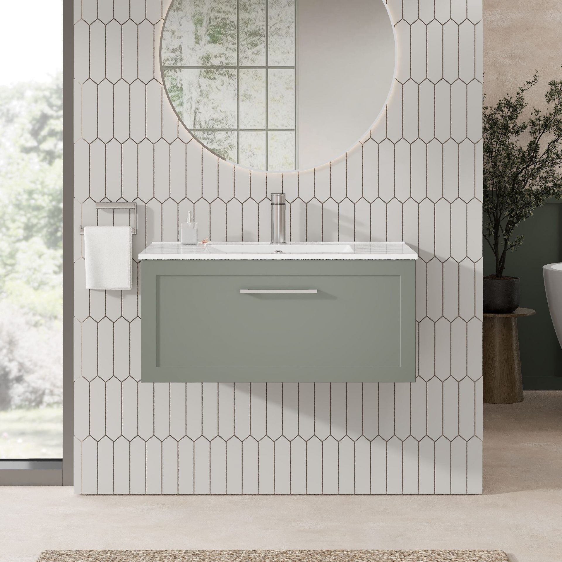 Nuie Lux Larck 800mm 1 Drawer Wall Hung Vanity Unit – Fern Green