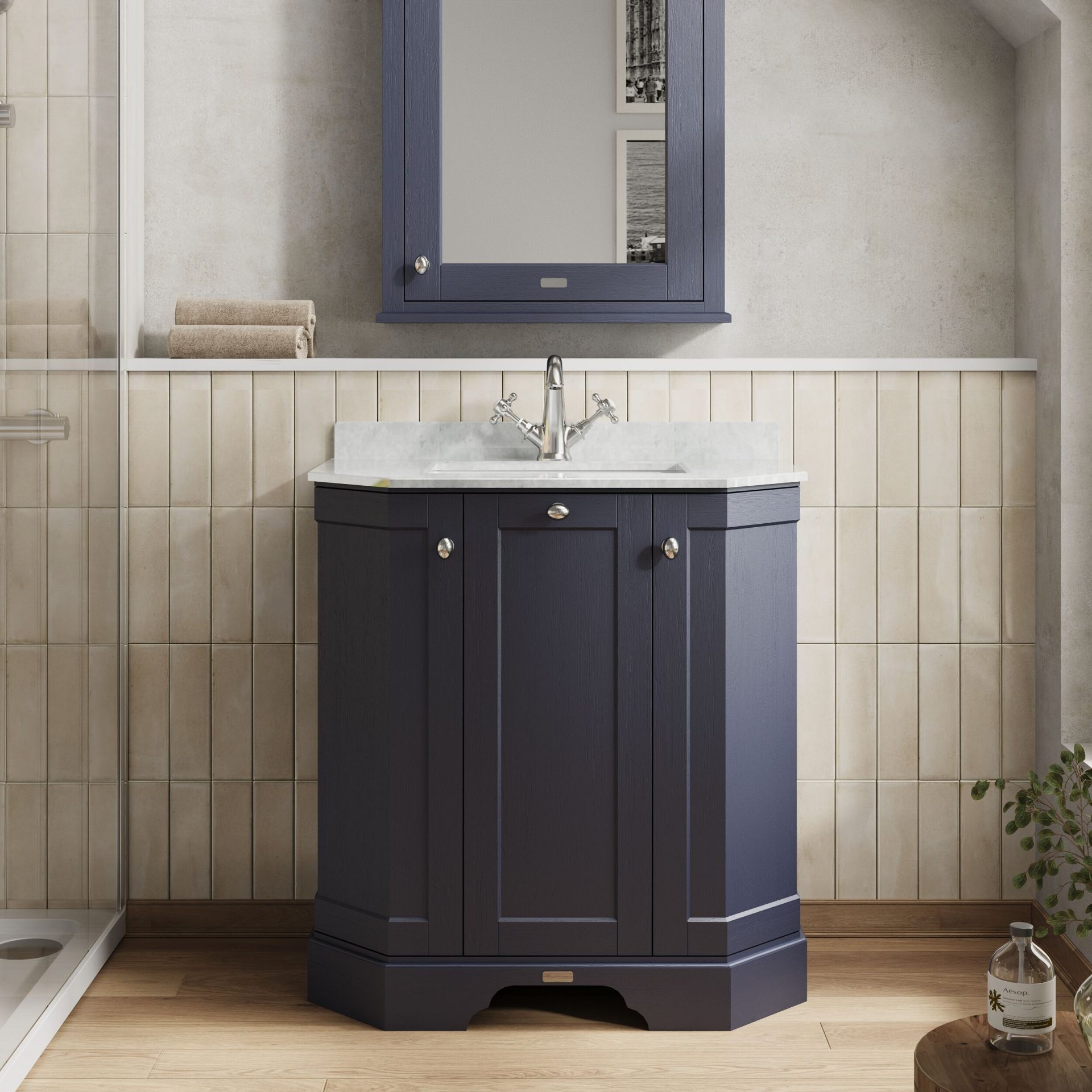 Old London 750mm 3 Door Floor Standing Angled Vanity Unit & White Marble Basin – Twilight Blue