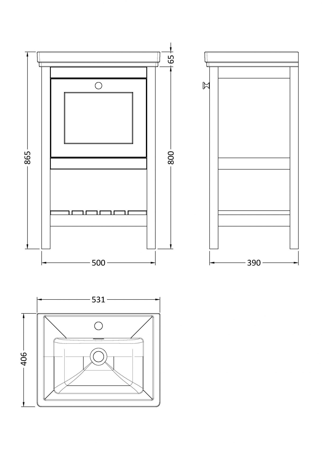 Old London Bexley 500mm 1 Drawer Floor Standing Vanity Unit & Basin – Pure White