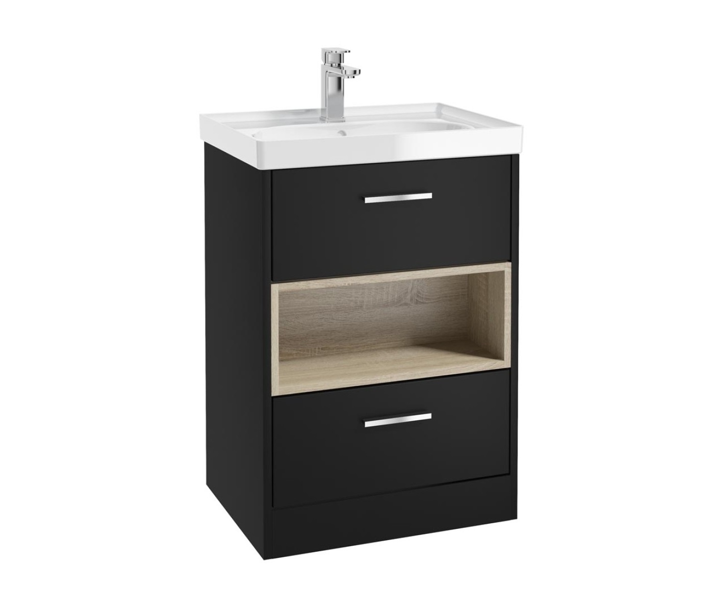 Sonas Malmo 600mm 2 Drawer Floorstanding Vanity Unit with Open Oak Shelf & Gloss Ceramic Basin – Matt Black