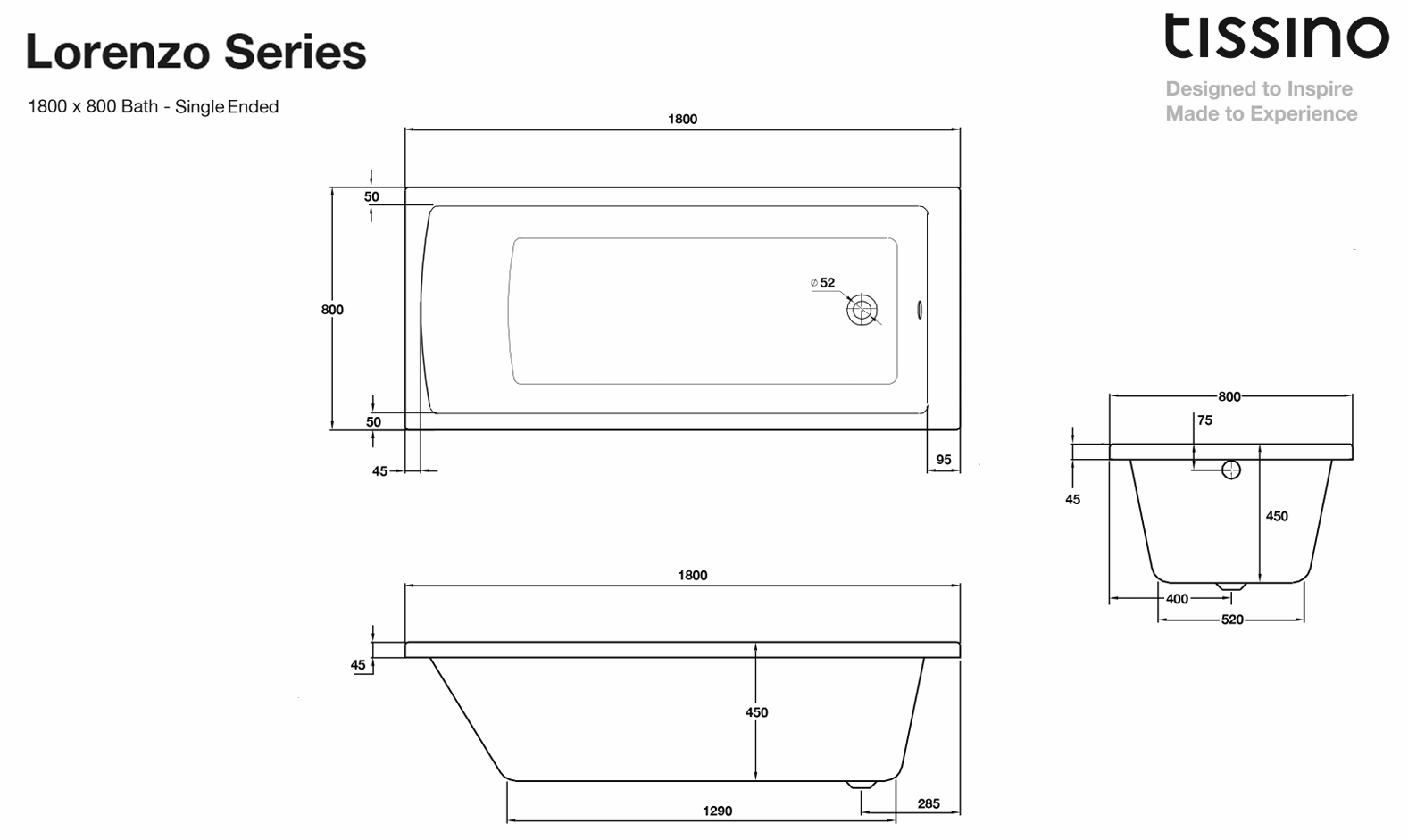 Tissino Lorenzo Standard Single Ended Bath 1800x800mm