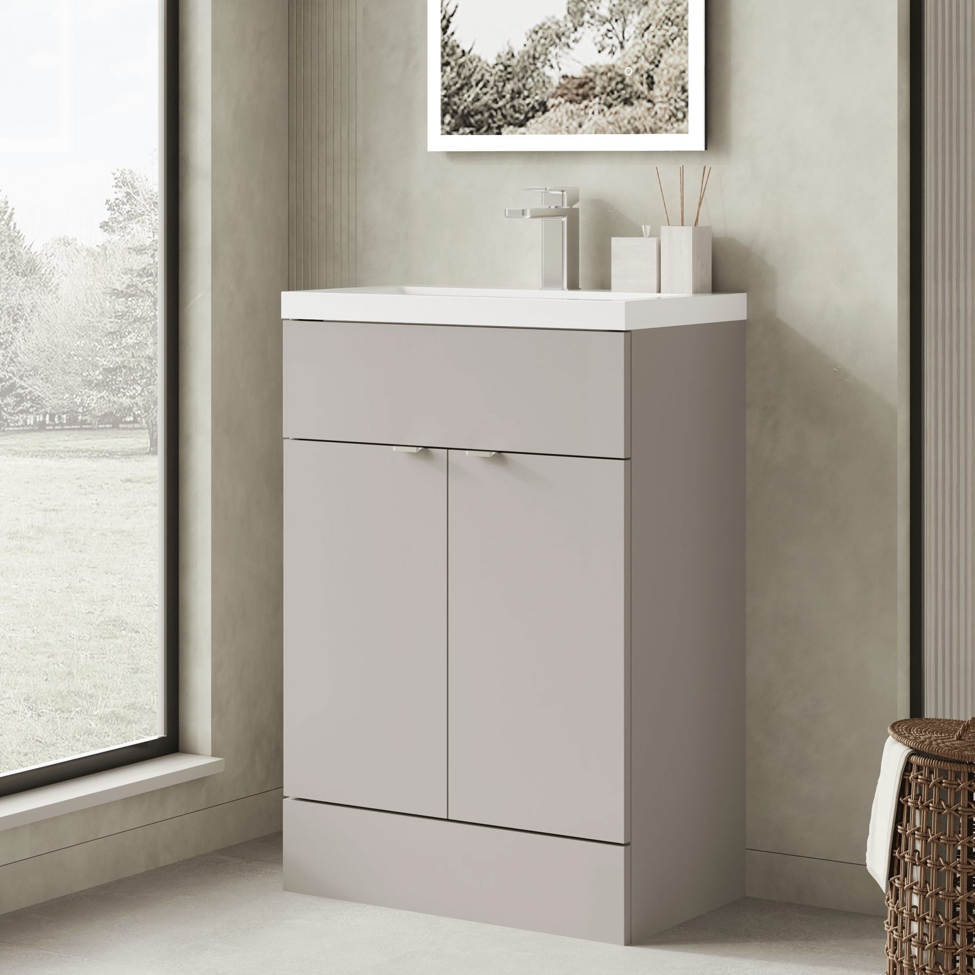 Hudson Reed Fusion Full Depth 600mm 2 Door Floor Standing Vanity Unit – Pebble Grey