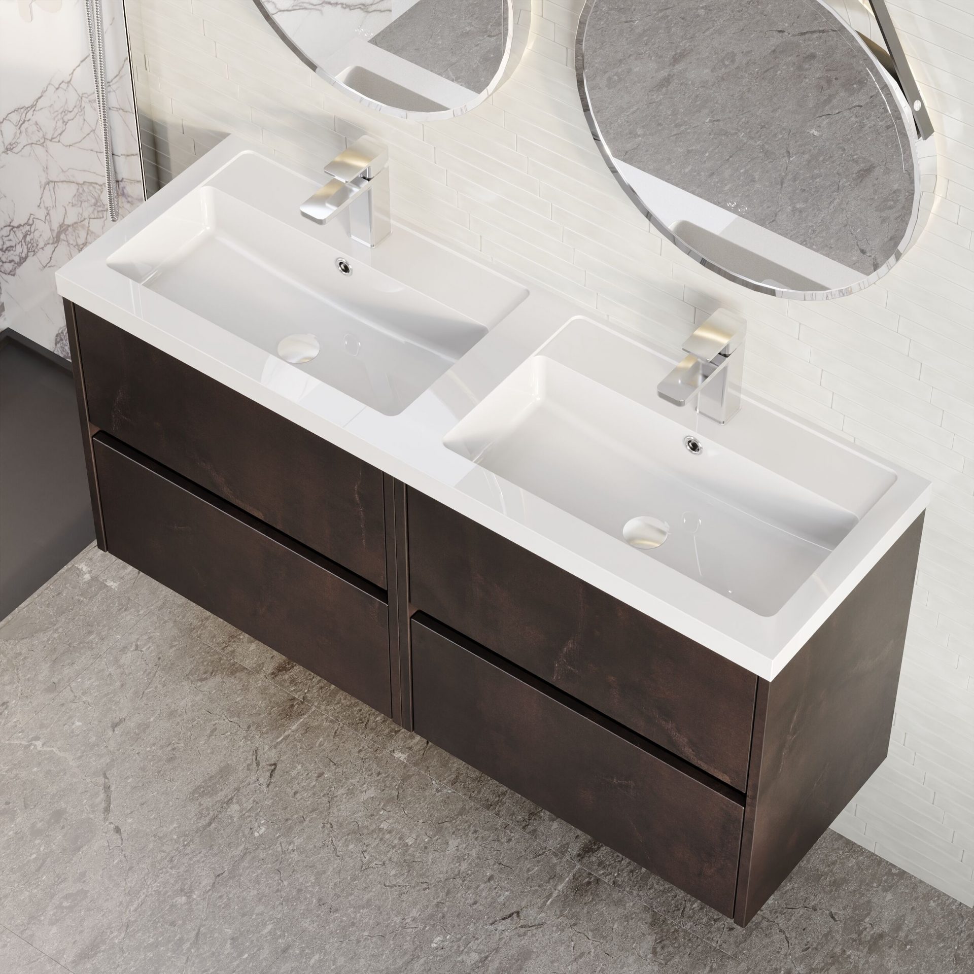 Nuie Havana 1200mm 4 Drawer Wall Hung Unit & Twin Polymarble Basin – Metallic Slate