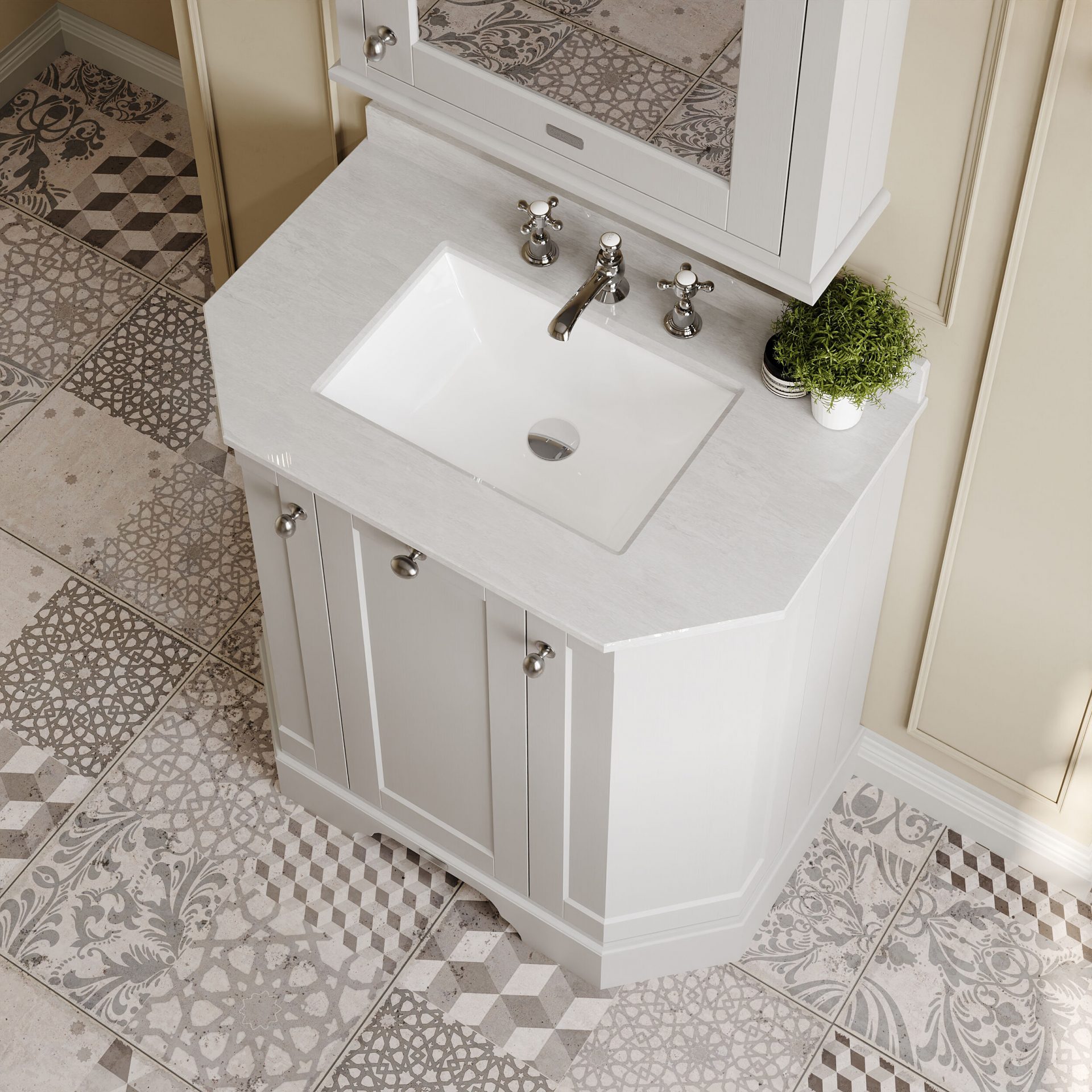 Old London 750mm 3 Door Floor Standing Angled Vanity Unit & White Marble Basin – Timeless Sand