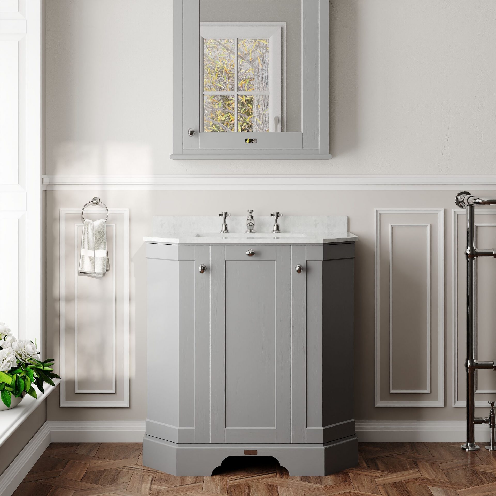 Old London 750mm 3 Door Floor Standing Angled Vanity Unit & White Marble Basin – Storm Grey