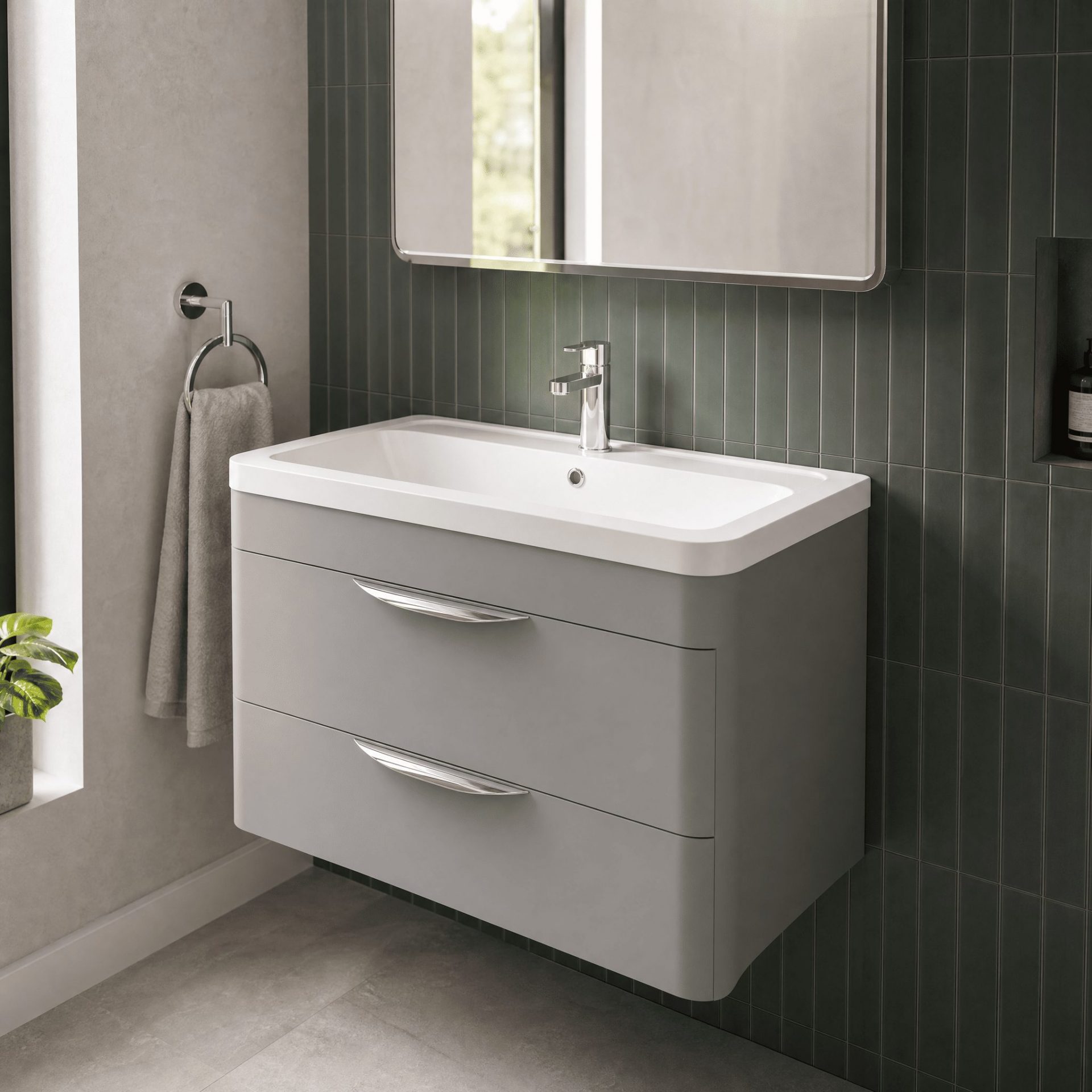 Nuie Parade 800mm 2 Drawer Wall Hung Vanity Unit & Ceramic Basin – Satin Grey