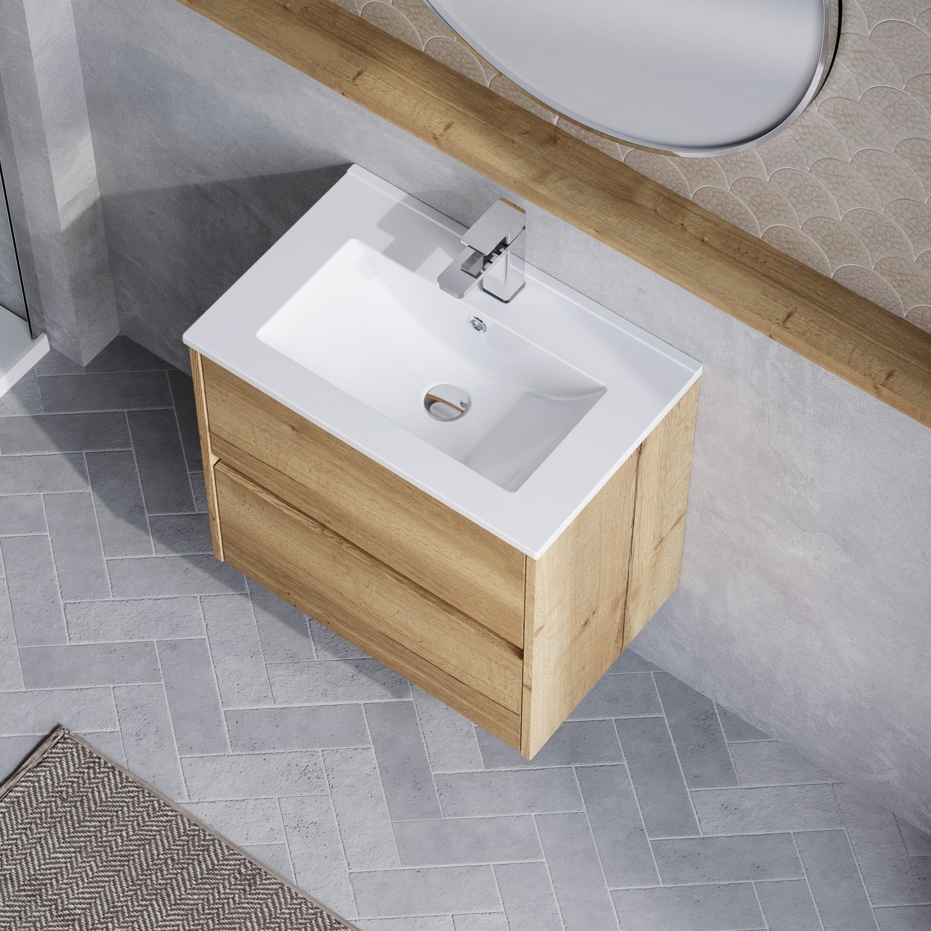 Nuie Havana 600mm 2 Drawer Wall Hung Unit & Minimalist Basin – Autumn Oak