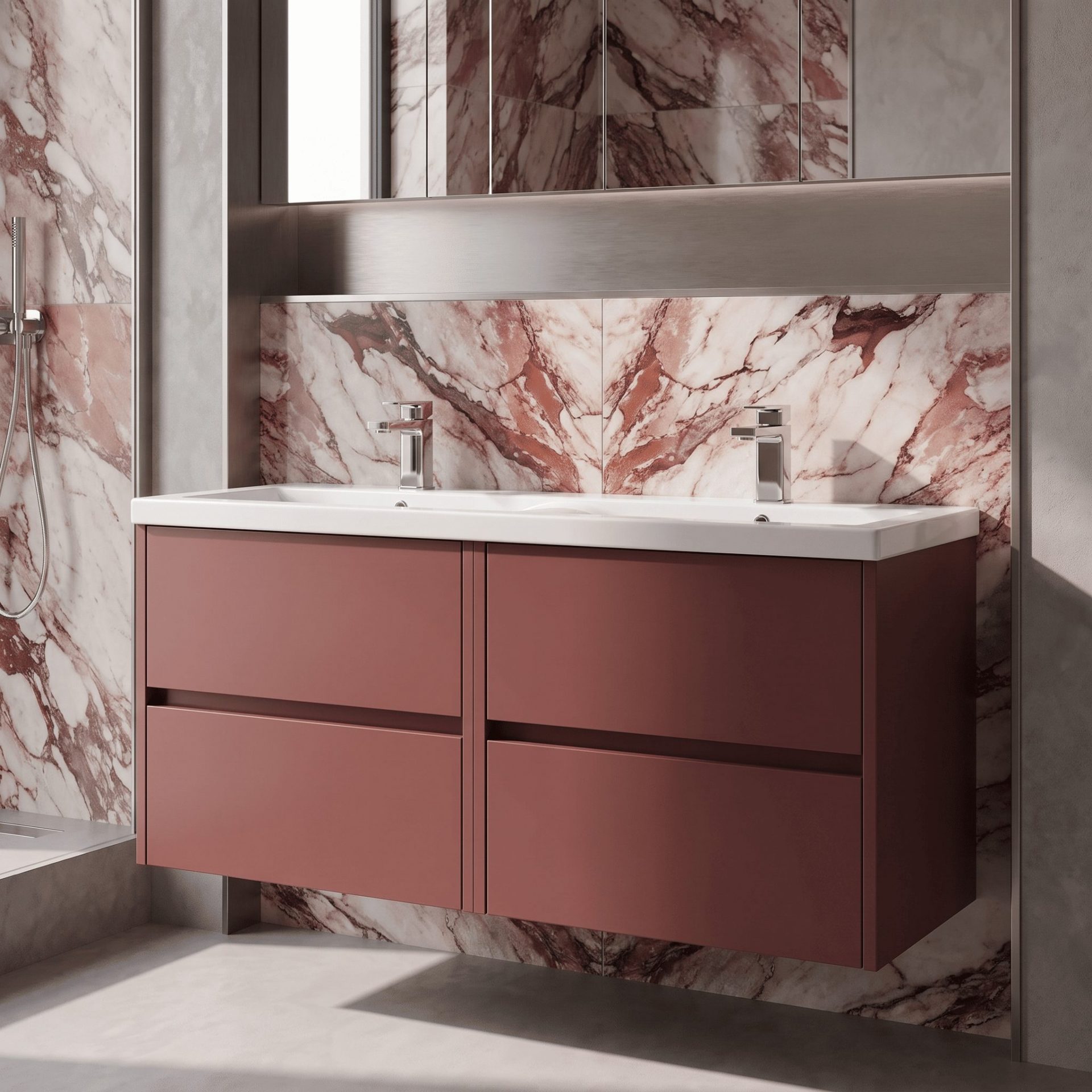Nuie Havana 1200mm 4 Drawer Wall Hung Unit & Twin Ceramic Basin – Smoked Red