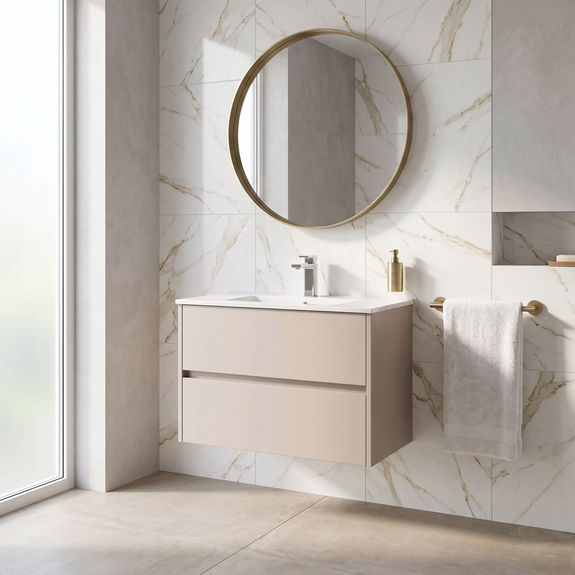 Nuie Havana 800mm 2 Drawer Wall Hung Unit & Minimalist Basin – Soft Linen