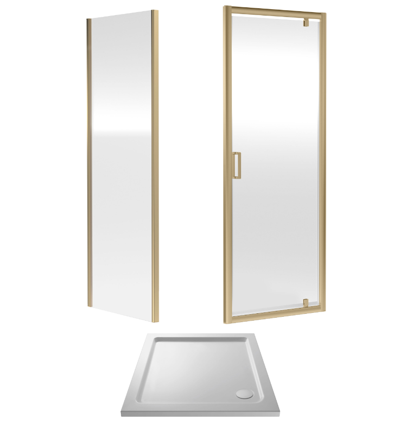 800 x 800mm Brushed Brass Pivot Door Shower Enclosure With White Tray