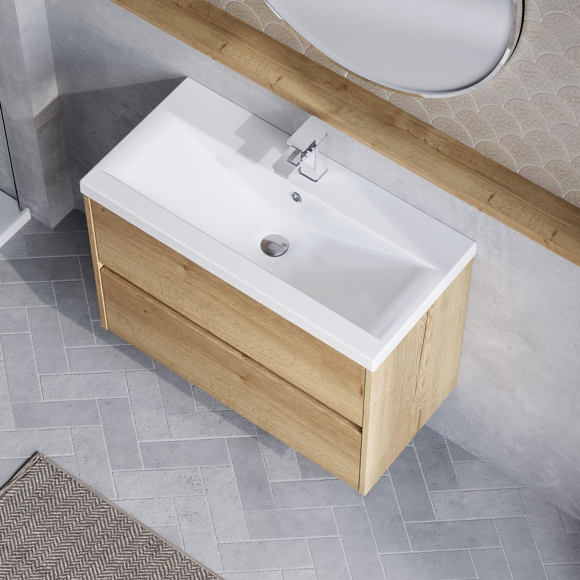 Nuie Havana 800mm 2 Drawer Wall Hung Unit & Mid-Edge Basin – Autumn Oak