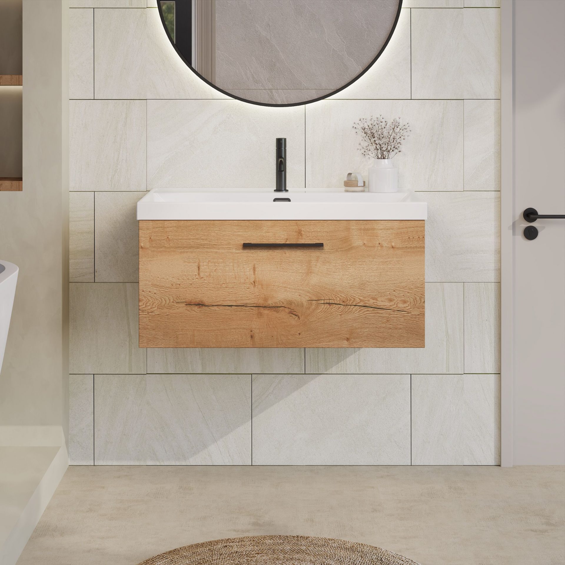 Nuie Lux Kivo 800mm 1 Drawer Wall Hung Vanity Unit – Autumn Oak