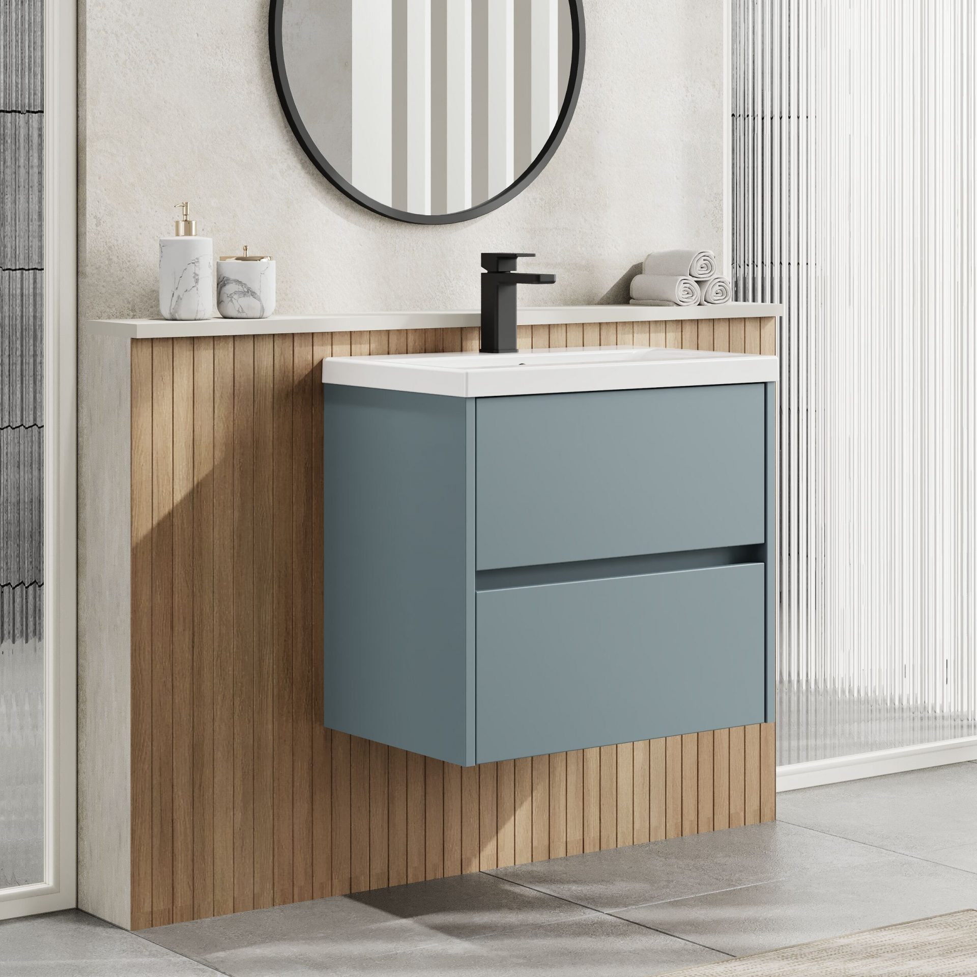 Nuie Havana 600mm 2 Drawer Wall Hung Unit & Mid Edge Basin – Coastal Grey