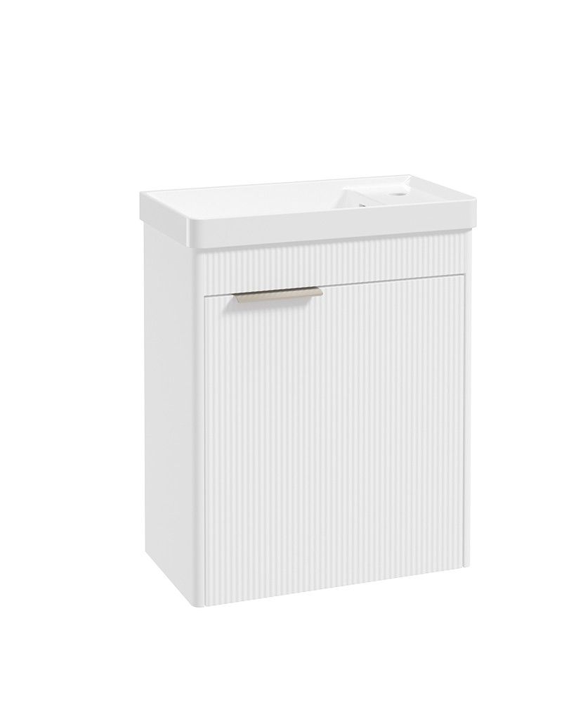 Sonas Reed Cloakroom 550mm 1 Door Wall Hung Unit & Basin – Lakeshore Lily – Brushed Nickel Handle