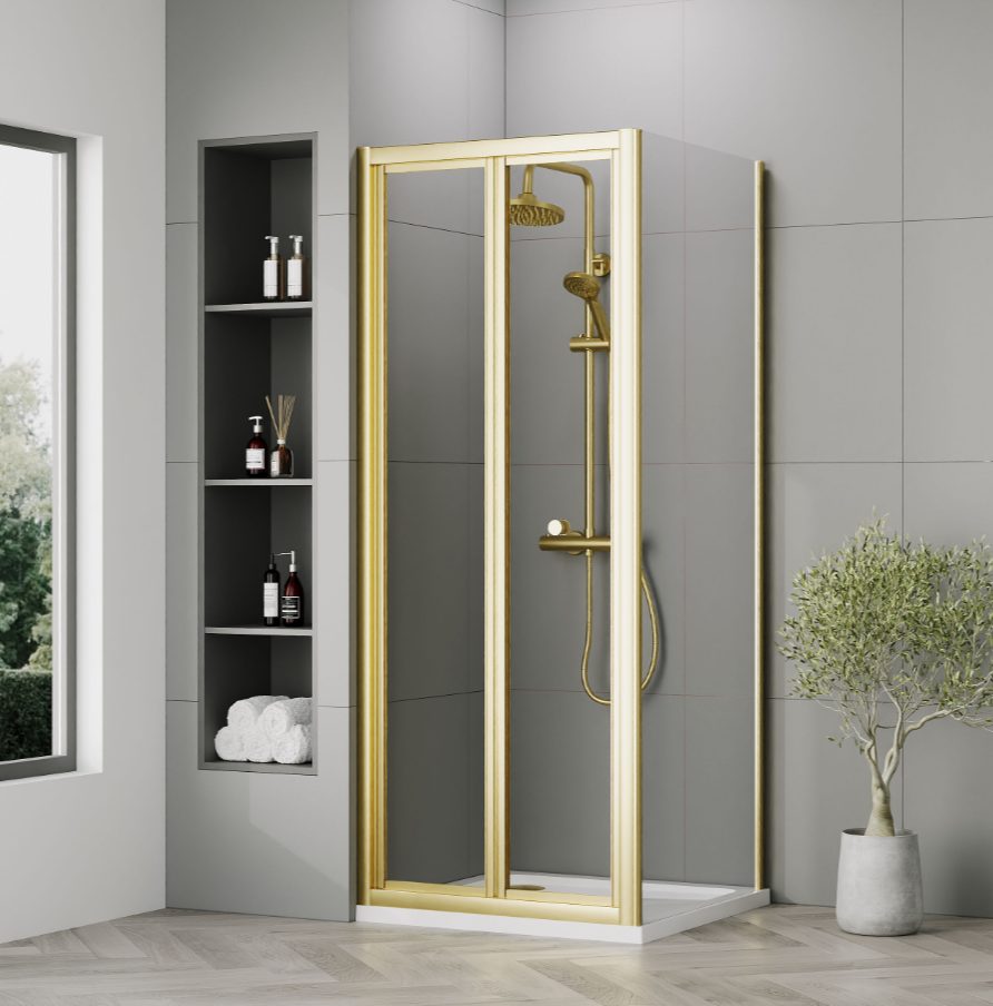 800 x 800mm Brushed Brass Bi-fold Door Shower Enclosure With White Tray