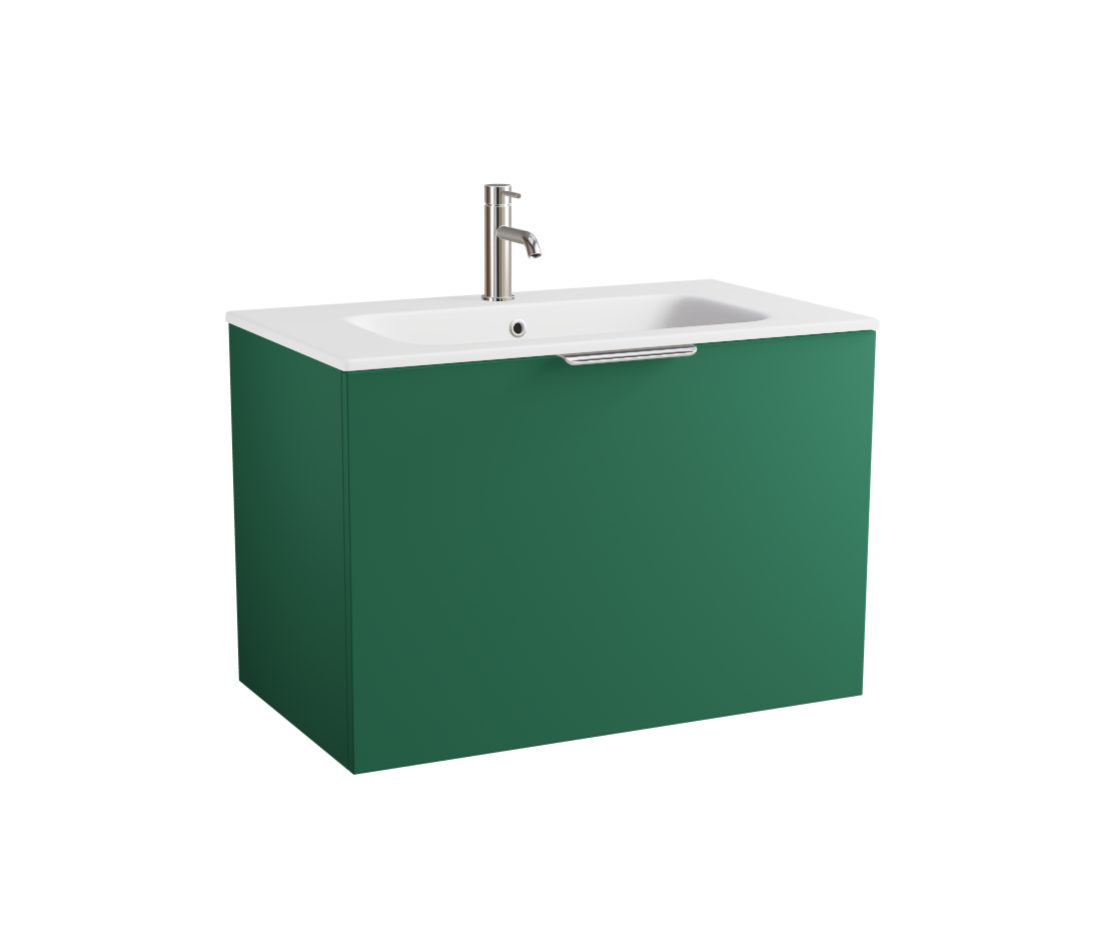 MyLife Keva 800mm 1 Drawer Wall Mounted Unit & Ceramic Basin – Pine Green Matt