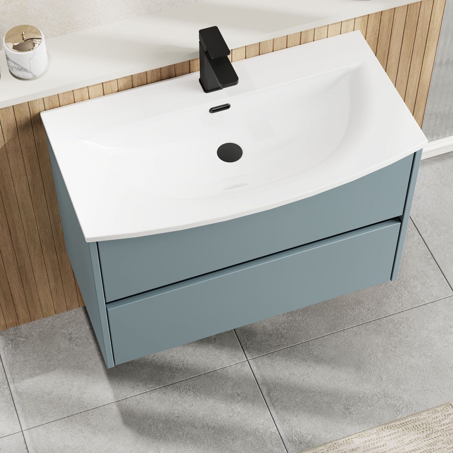 Nuie Havana 800mm 2 Drawer Wall Hung Unit & Curved Basin – Coastal Grey
