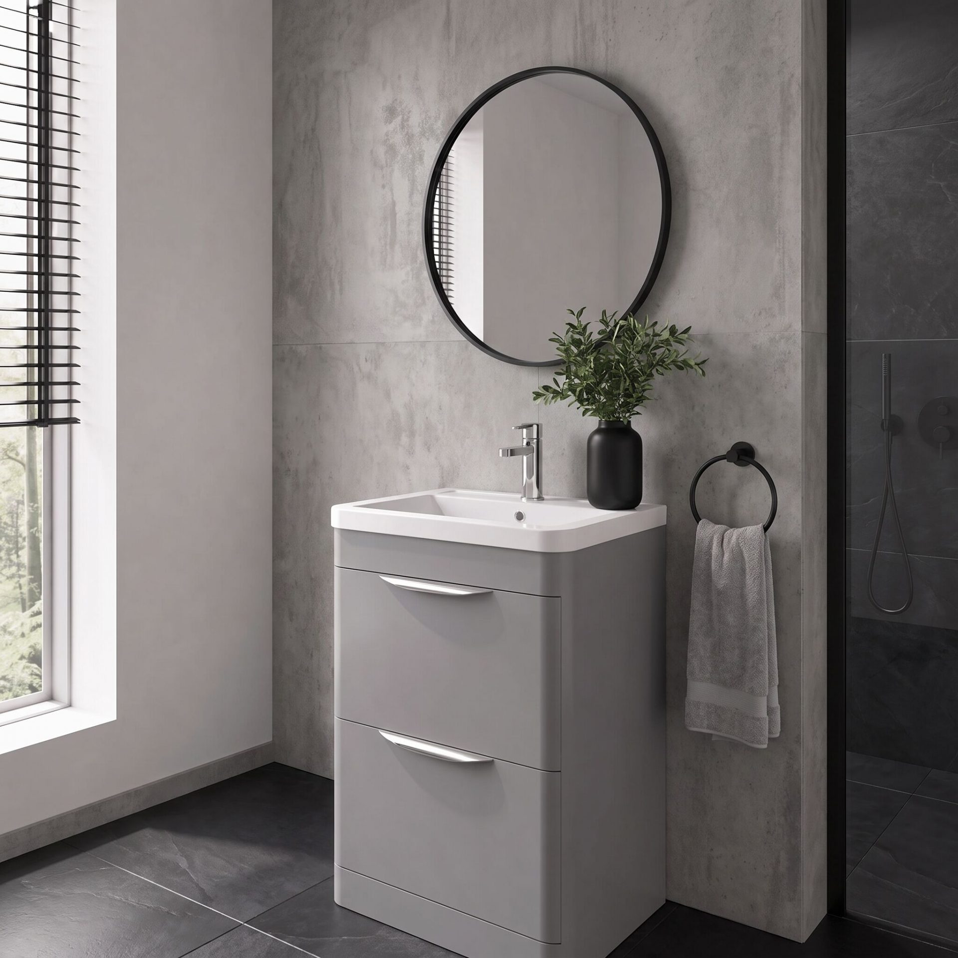 Nuie Parade 600mm 2 Drawer Floorstanding Vanity Unit & Ceramic Basin – Satin Grey