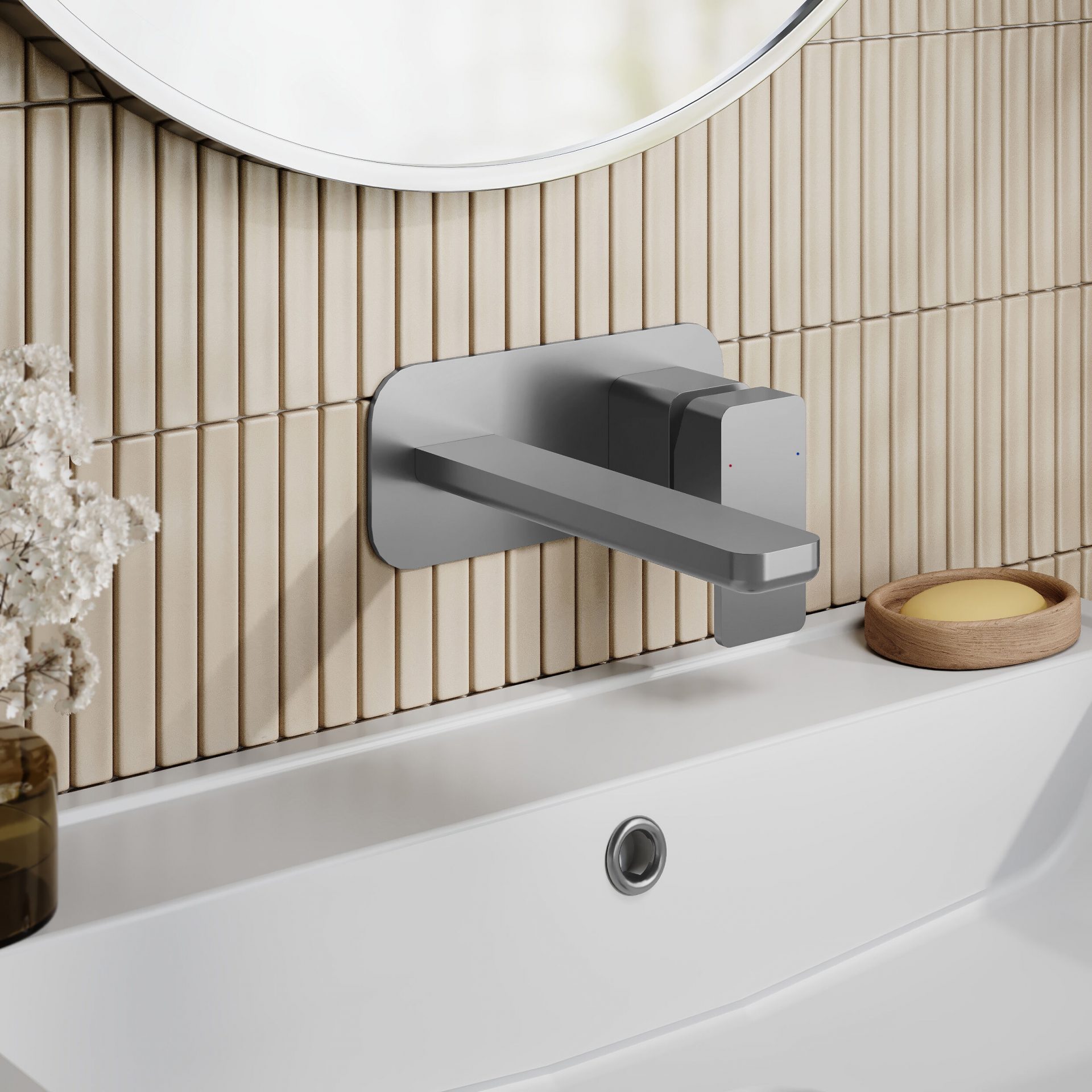 Nuie Windon Wall Mounted 2 Tap Hole Basin Mixer With Plate – Brushed Pewter