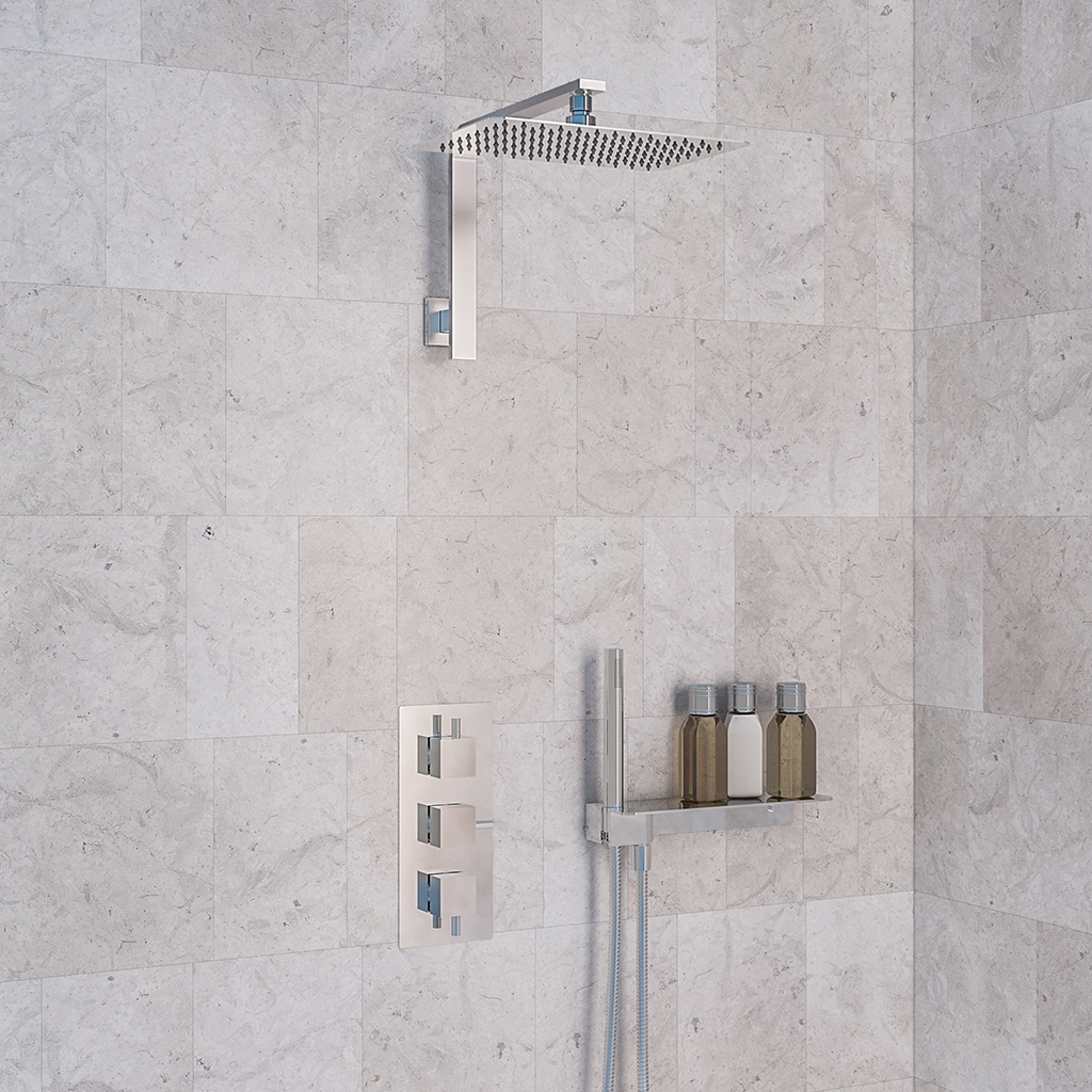 Shower Bundle – Concealed Valve, Rectangular Shower Head, Square Shower Arm & Shower Shelf – Chrome