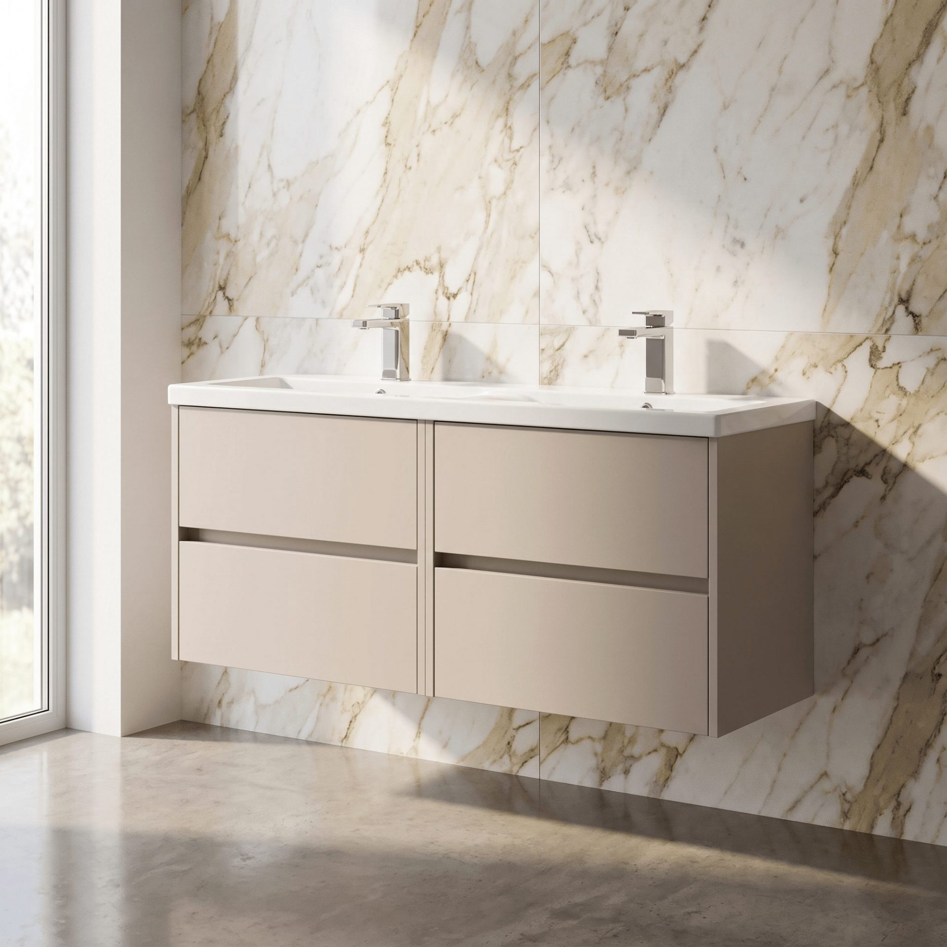Nuie Havana 1200mm 4 Drawer Wall Hung Unit & Twin Ceramic Basin – Soft Linen