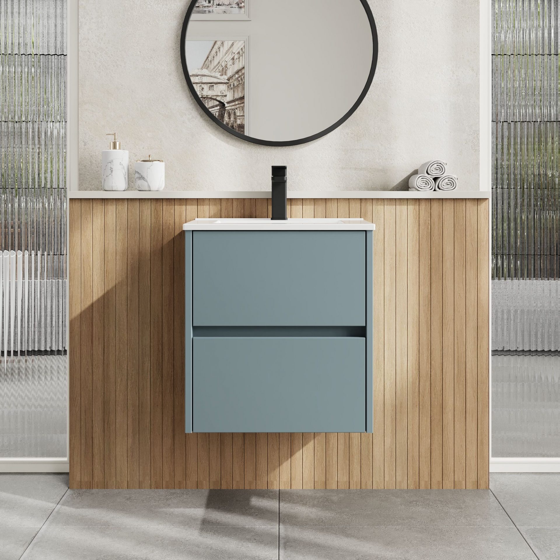 Nuie Havana 500mm 2 Drawer Wall Hung Unit & Minimalist Basin – Coastal Grey