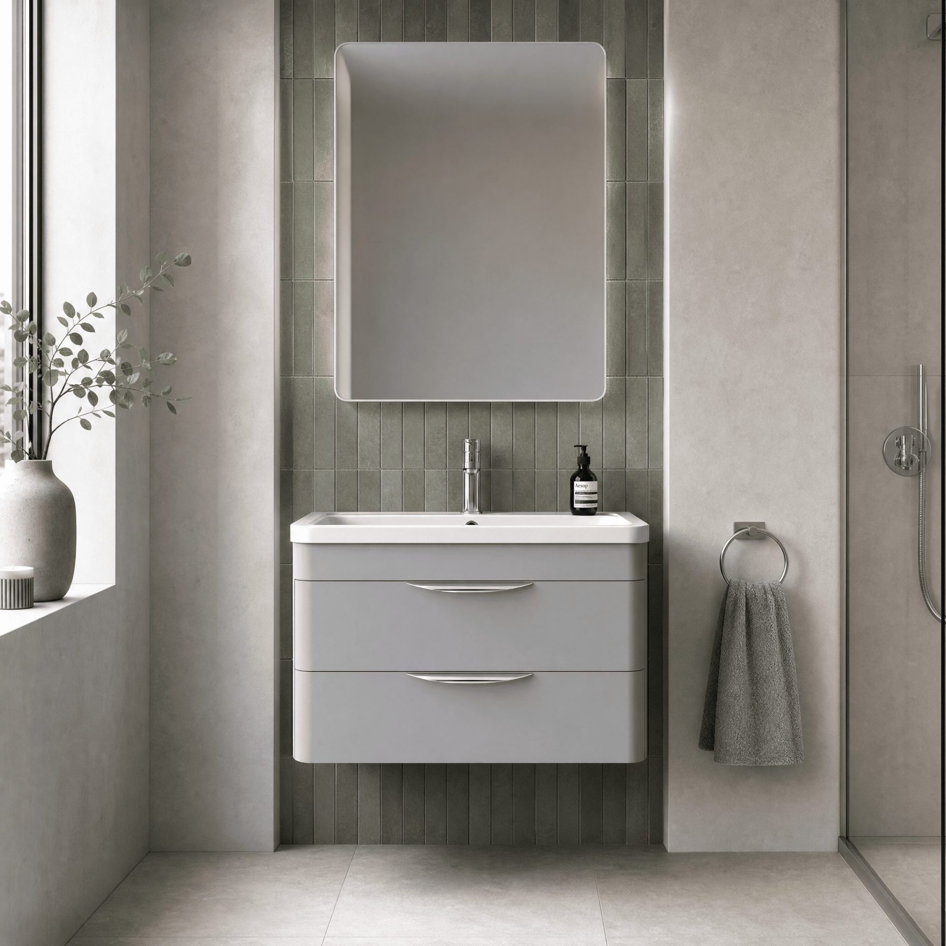 Nuie Parade 800mm 2 Drawer Wall Hung Vanity Unit & Ceramic Basin – Satin Grey