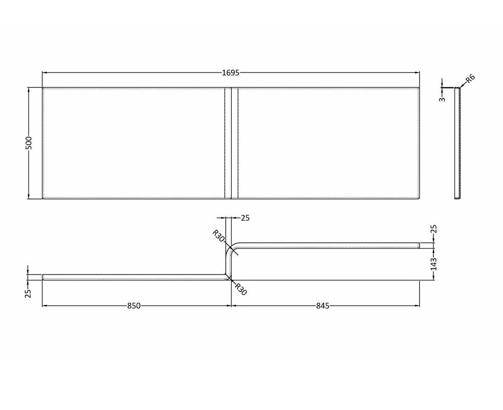 1700mm Left Hand Square Shower Bath Set with Screen, Side Panel And Leg Set