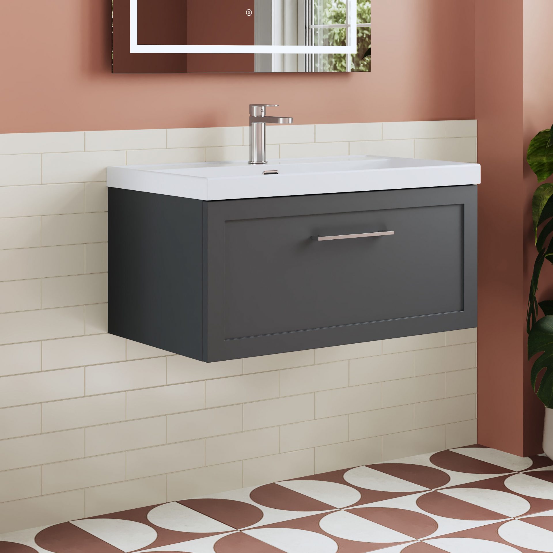 Nuie Lux Larck 800mm 1 Drawer Wall Hung Vanity Unit – Soft Black