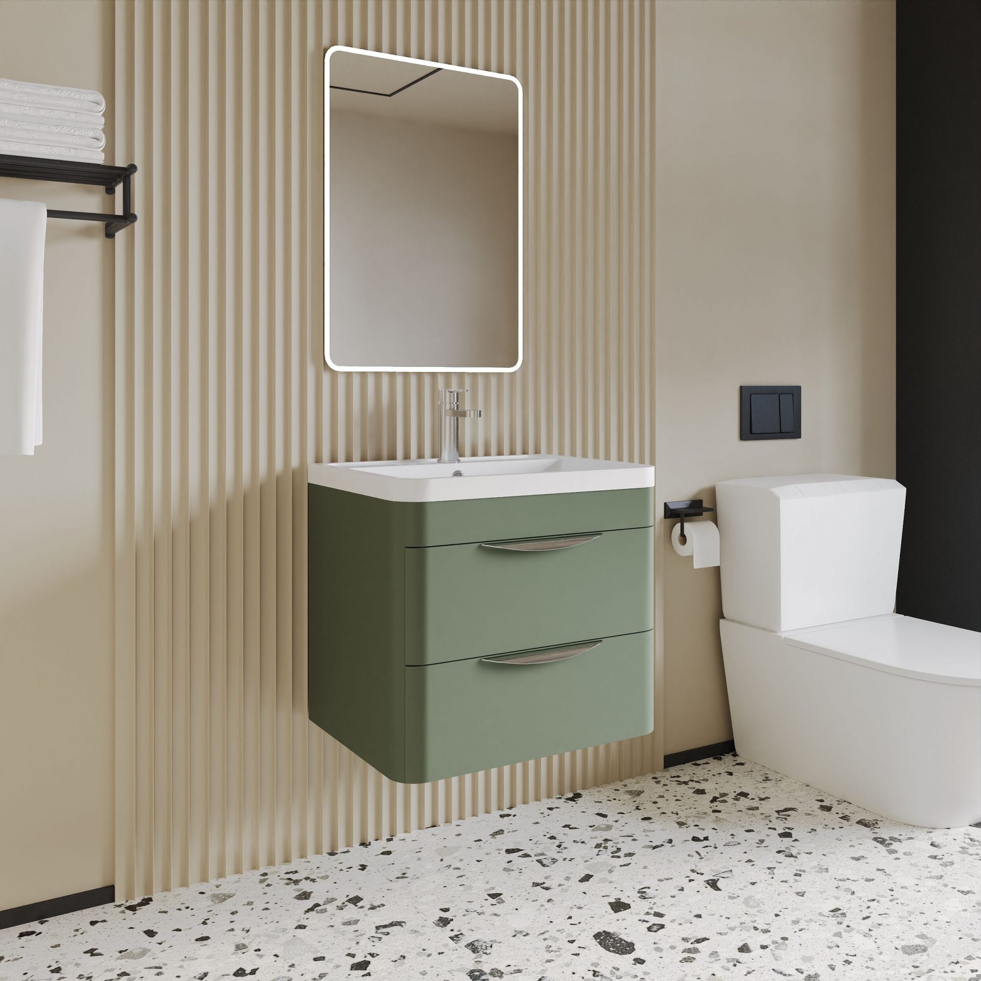 Nuie Parade 600mm 2 Drawer Wall Hung Vanity Unit & Ceramic Basin – Satin Green