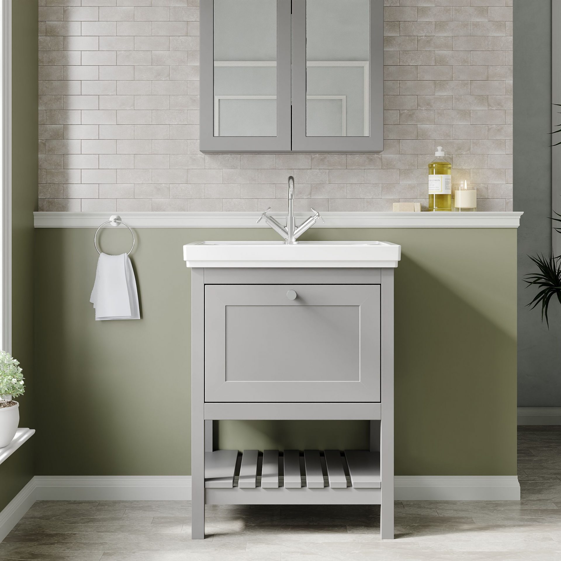 Old London Bexley 600mm 1 Drawer Floor Standing Vanity Unit & Basin – Cool Grey