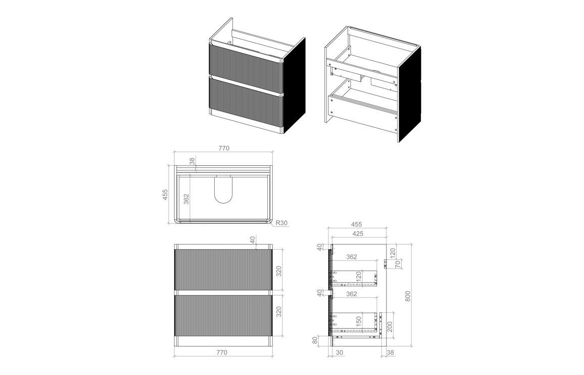 MyBathrooms Clara Fluted 805mm 2 Drawer Floorstanding Unit & 1TH Basin – Textured Oak