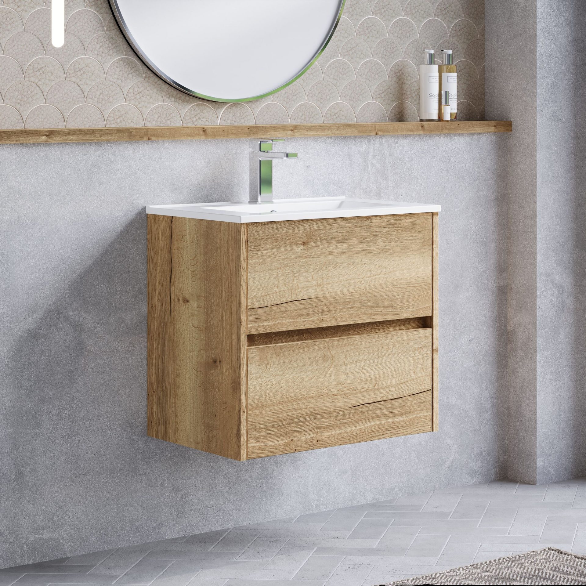 Nuie Havana 600mm 2 Drawer Wall Hung Unit & Minimalist Basin – Autumn Oak