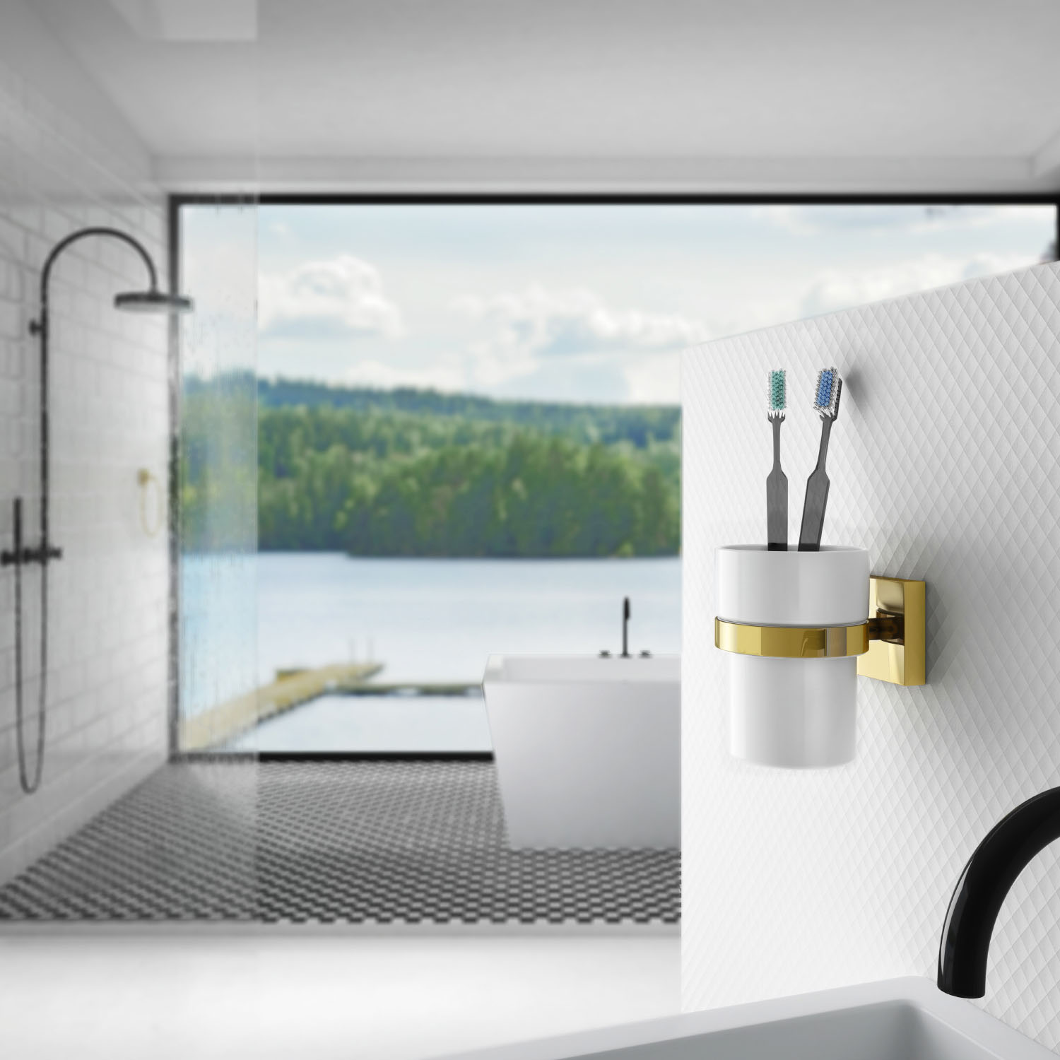 Smedbo House Holder with Tumbler – Polished Brass/Porcelain