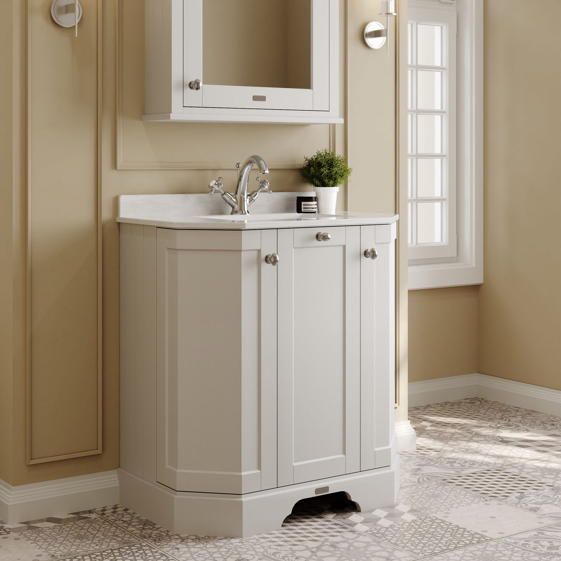 Old London 750mm 3 Door Floor Standing Angled Vanity Unit & White Marble Basin – Timeless Sand