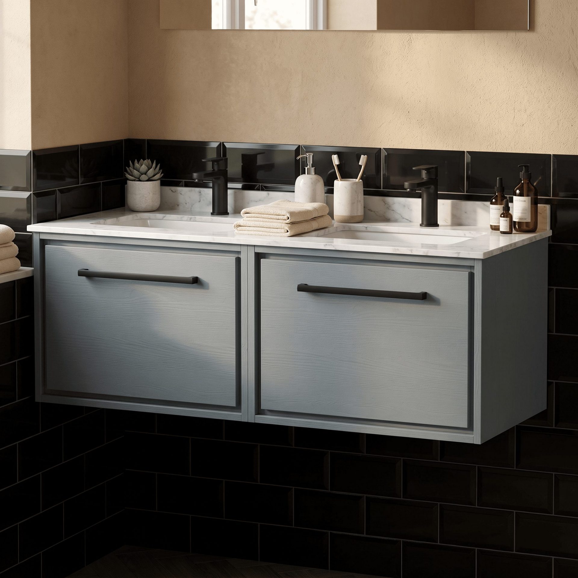 Hudson Reed Lille 1200mm 2 Drawer Wall Hung Vanity Unit & Double Basin – Coastal Grey