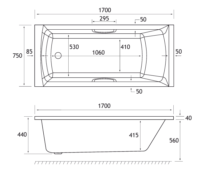 Eastbrook Ultra Strong Beauforte Rockall Single Ended Twin Grip Bath 1700x750mm