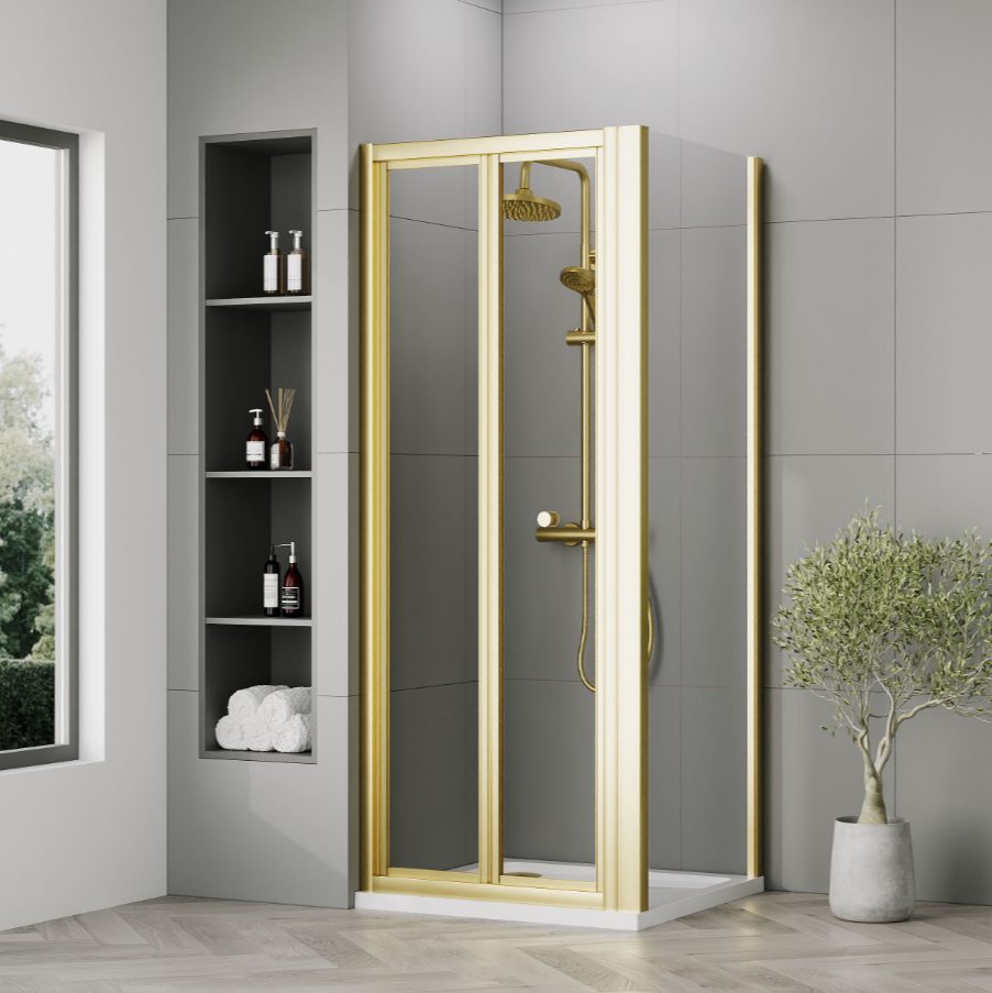 760 x 760mm Brushed Brass Bi-fold Door Shower Enclosure With White Tray
