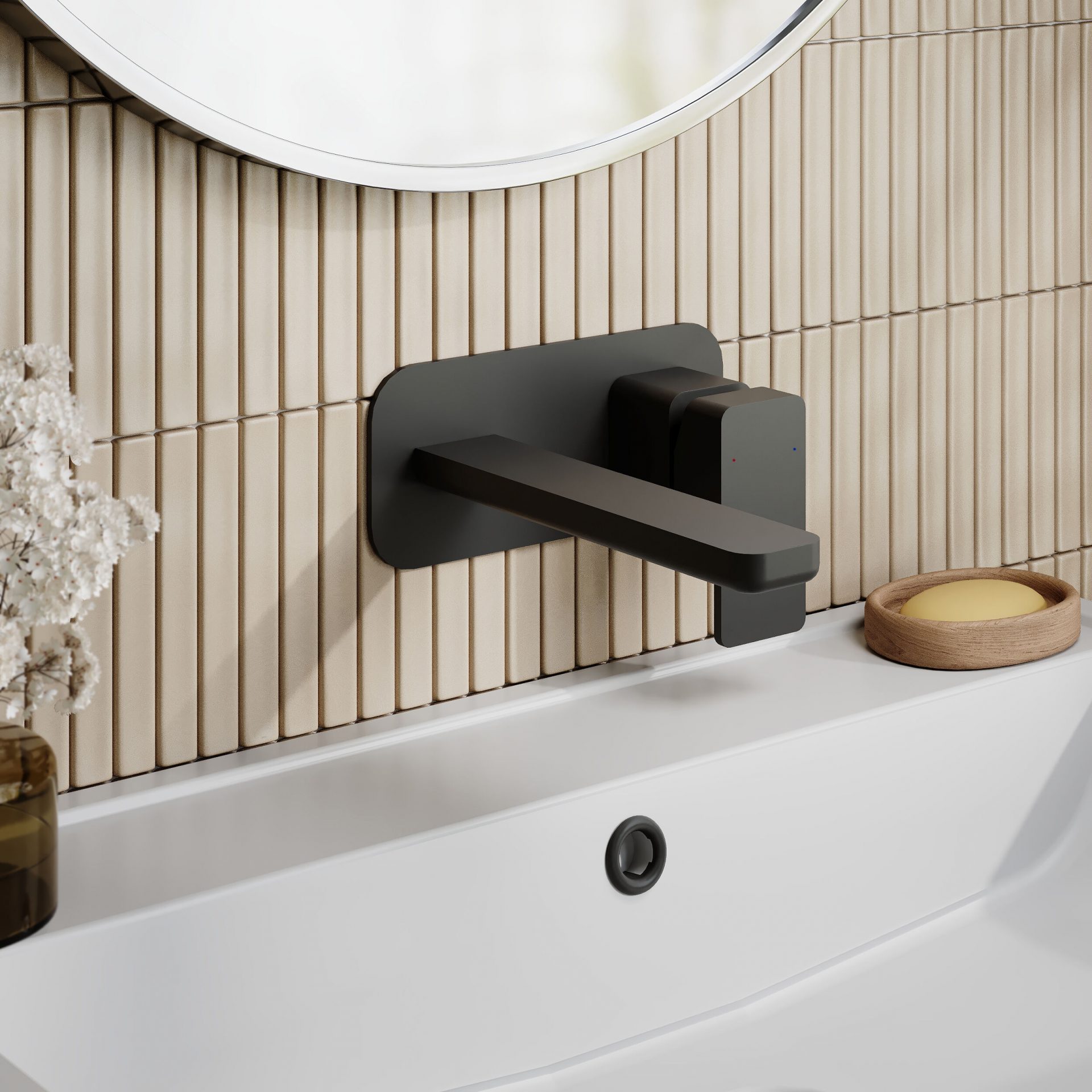 Nuie Windon Wall Mounted 2 Tap Hole Basin Mixer With Plate – Matt Black